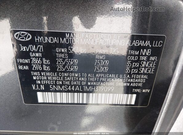5NMS44AL1MH319099 2021 HYUNDAI SANTA FE Gray 