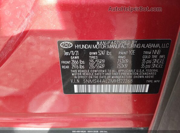 5NMS44AL2MH322268 2021 HYUNDAI SANTA FE Красный 