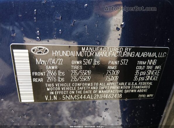 5NMS44AL2NH462418 2022 HYUNDAI SANTA FE Blue Вид підкапотного простору