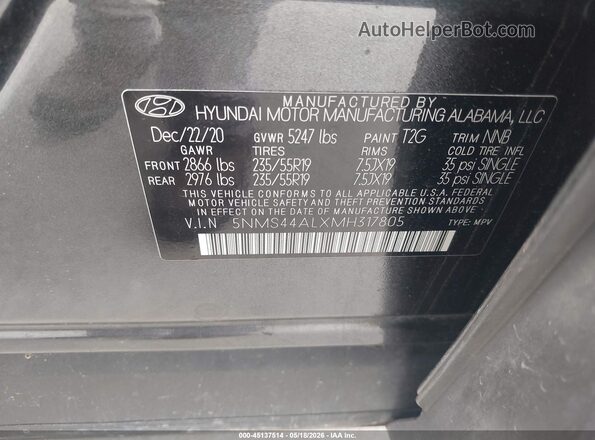 5NMS44ALXMH317805 2021 HYUNDAI SANTA FE Gray 