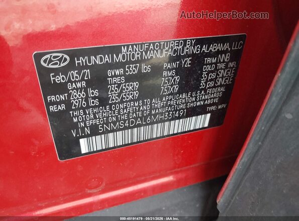 5NMS4DAL6MH331491 2021 HYUNDAI SANTA FE Red 
