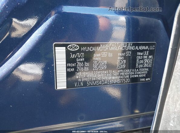 5NMS4DAL6NH377520 2022 HYUNDAI SANTA FE Blue Vista del compartimento del motor