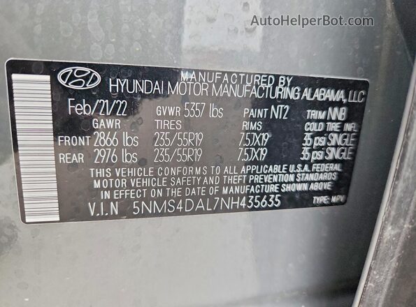 5NMS4DAL7NH435635 2022 HYUNDAI SANTA Gray 