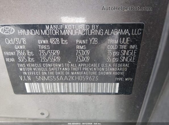 5NMS53AA2KH059623 2019 HYUNDAI SANTA FE Gray 
