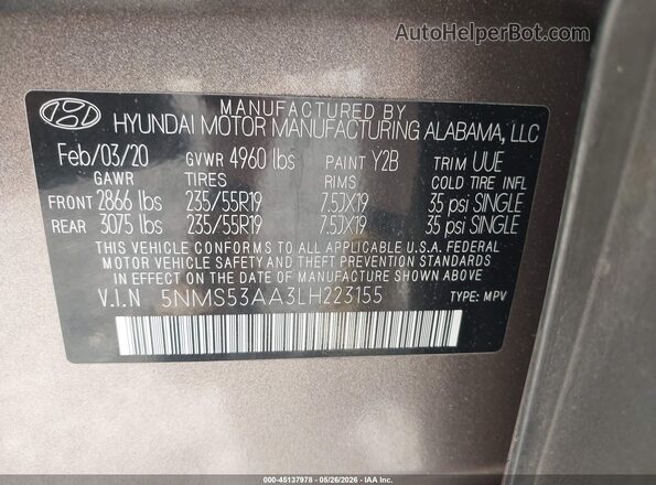 5NMS53AA3LH223155 2020 HYUNDAI SANTA FE Brown Vista del compartimento del motor