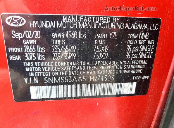 5NMS53AA5LH274303 2020 HYUNDAI SANTA Красный 