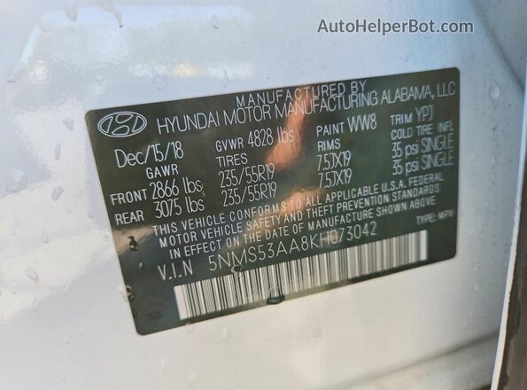 5NMS53AA8KH073042 2019 HYUNDAI SANTA White Вид наклейки з VIN-кодом