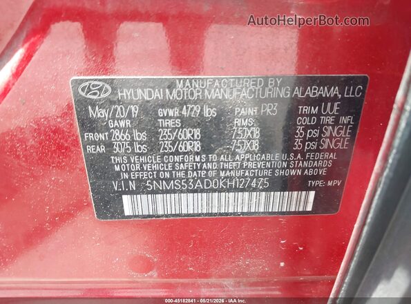 5NMS53AD0KH127475 2019 HYUNDAI SANTA FE Red Вид підкапотного простору