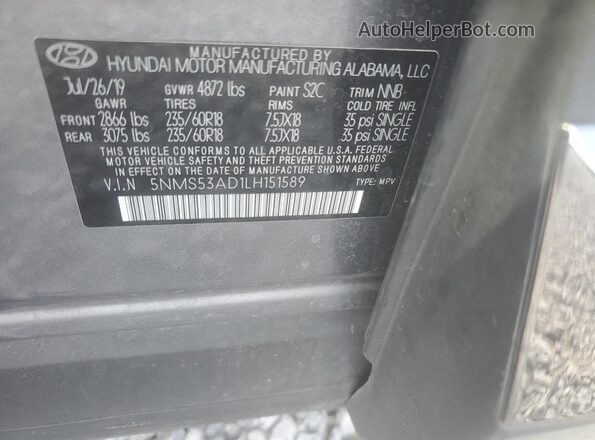 5NMS53AD1LH151589 2020 HYUNDAI SANTA Gray 