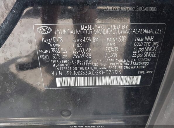 5NMS53AD2KH025126 2019 HYUNDAI SANTA FE Black 