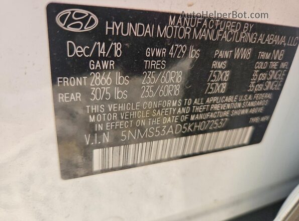 5NMS53AD5KH072537 2019 HYUNDAI SANTA White Vista de la etiqueta del VIN