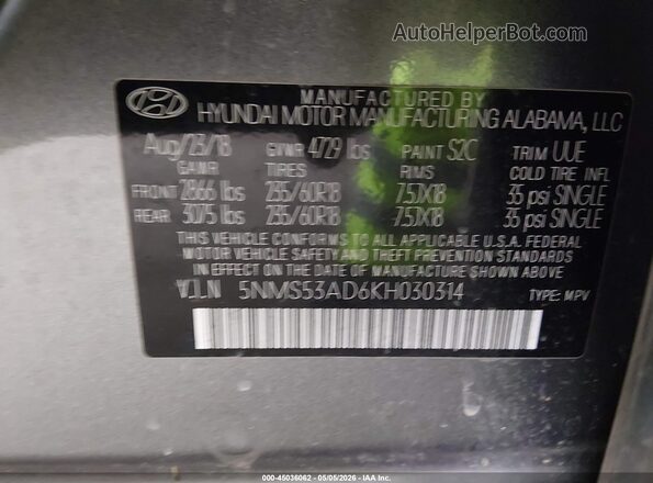 5NMS53AD6KH030314 2019 HYUNDAI SANTA FE Gray Widok komory silnika