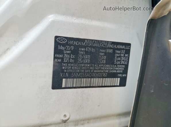 5NMS53AD7KH127182 2019 HYUNDAI SANTA White VIN sticker view