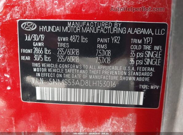 5NMS53AD8LH153016 2020 HYUNDAI SANTA FE Red Вид підкапотного простору