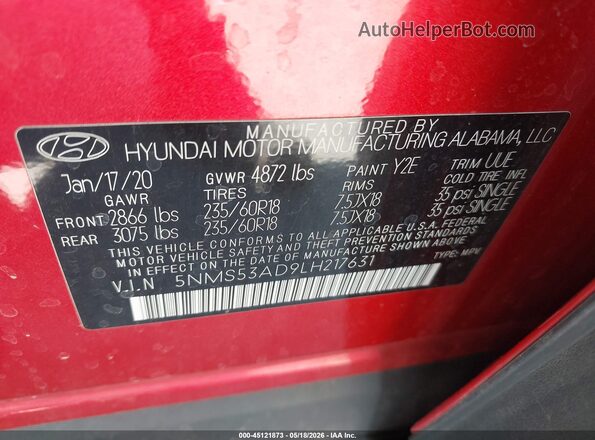 5NMS53AD9LH217631 2020 HYUNDAI SANTA FE Red 