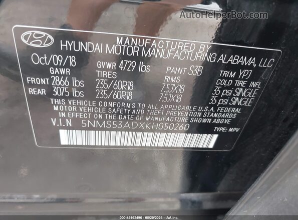 5NMS53ADXKH050260 2019 HYUNDAI SANTA FE Black Вид підкапотного простору