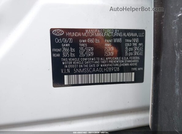 5NMS5CAA0LH289128 2020 HYUNDAI SANTA FE White Շարժիչի բաժամունքի տեսք