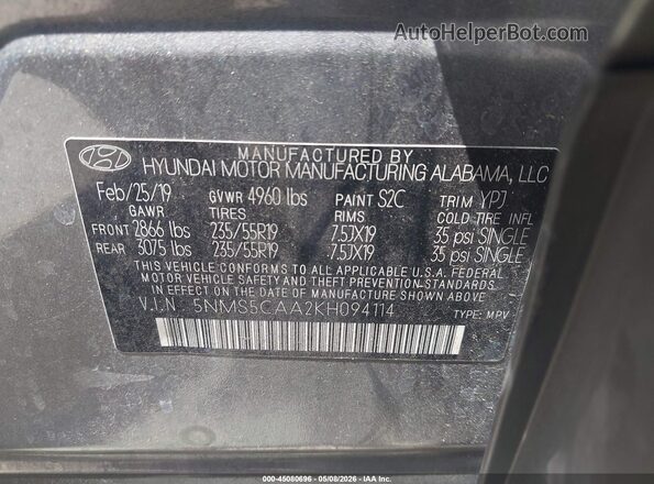 5NMS5CAA2KH094114 2019 HYUNDAI SANTA FE Gray 