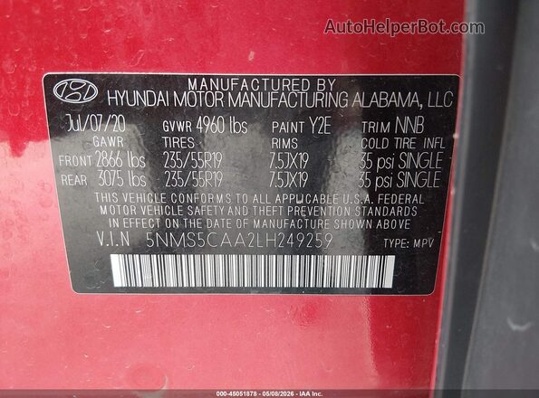 5NMS5CAA2LH249259 2020 HYUNDAI SANTA FE Red Vista del compartimento del motor