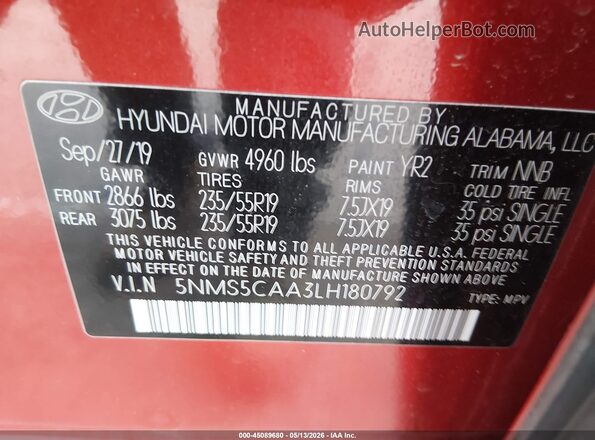 5NMS5CAA3LH180792 2020 HYUNDAI SANTA FE Red Engine compartment view