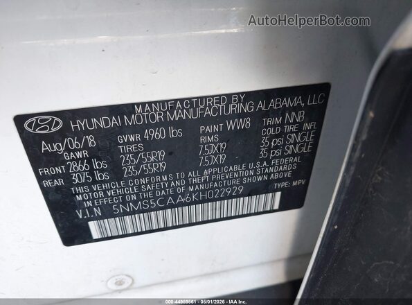 5NMS5CAA6KH022929 2019 HYUNDAI SANTA FE White ძრავის განყოფილების ხედი