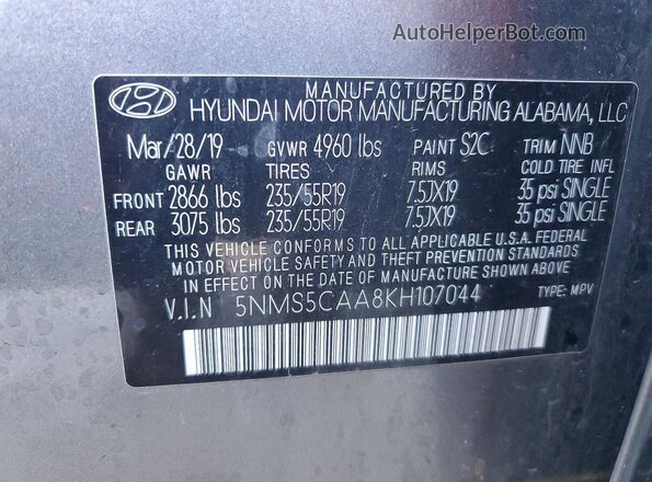 5NMS5CAA8KH107044 2019 HYUNDAI SANTA Gray VIN კოდის სტიკერის ხედი