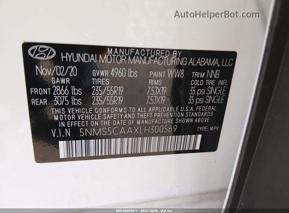 5NMS5CAAXLH300569 2020 HYUNDAI SANTA FE White Engine compartment view