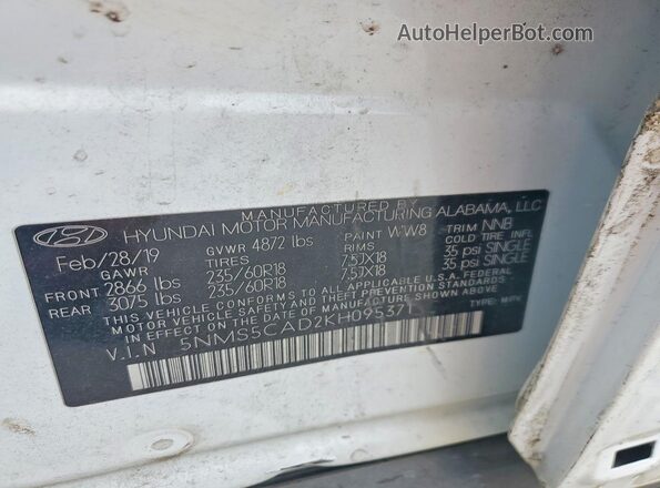 5NMS5CAD2KH095371 2019 HYUNDAI SANTA White VIN კოდის სტიკერის ხედი