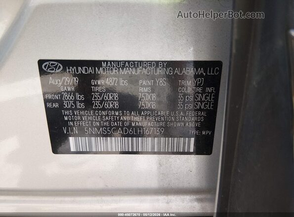 5NMS5CAD6LH167139 2020 HYUNDAI SANTA FE Gray Widok komory silnika