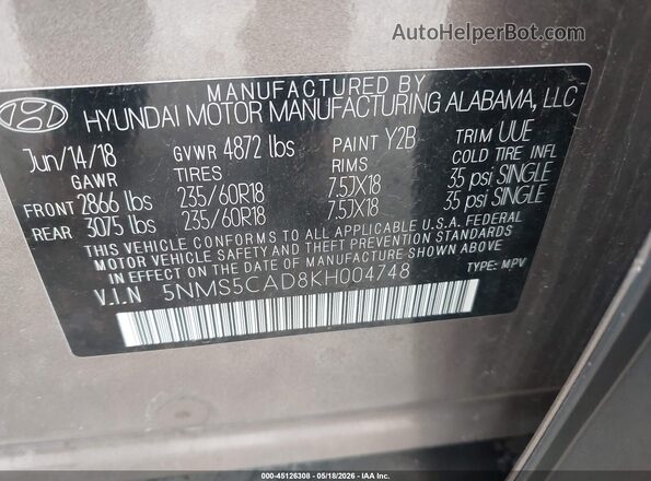 5NMS5CAD8KH004748 2019 HYUNDAI SANTA FE Brown ძრავის განყოფილების ხედი