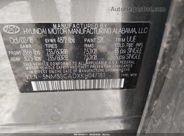 5NMS5CADXKH047181 2019 HYUNDAI SANTA FE Gray ძრავის განყოფილების ხედი