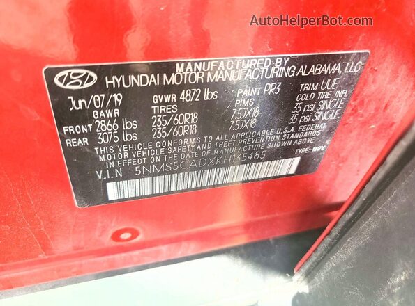 5NMS5CADXKH135485 2019 HYUNDAI SANTA Красный 