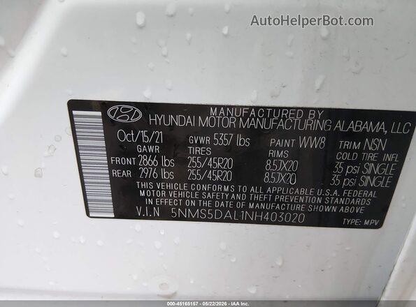 5NMS5DAL1NH403020 2022 HYUNDAI SANTA FE White ძრავის განყოფილების ხედი