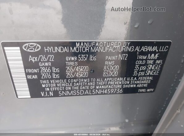 5NMS5DAL5NH459736 2022 HYUNDAI SANTA FE Gray Շարժիչի բաժամունքի տեսք