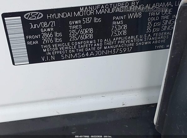5NMS64AJ0NH375917 2022 HYUNDAI SANTA FE White Շարժիչի բաժամունքի տեսք