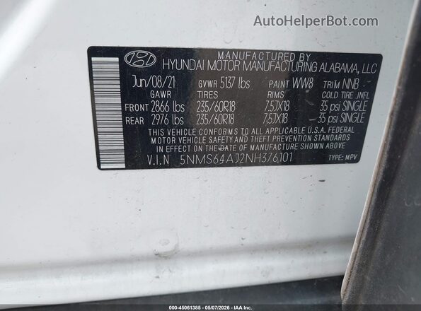 5NMS64AJ2NH376101 2022 HYUNDAI SANTA FE White Vista del compartimento del motor