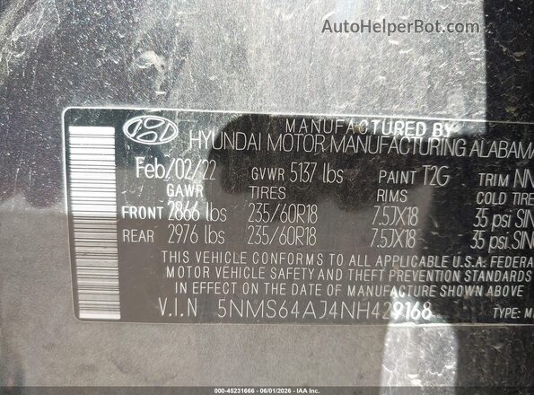 5NMS64AJ4NH429168 2022 HYUNDAI SANTA FE Серый 