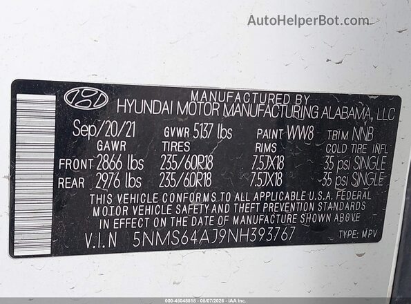 5NMS64AJ9NH393767 2022 HYUNDAI SANTA FE White 