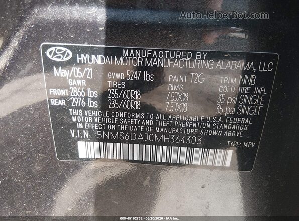 5NMS6DAJ0MH364303 2021 HYUNDAI SANTA FE Gray Вид підкапотного простору