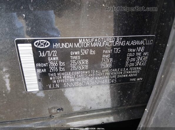 5NMS6DAJ6NH481045 2022 HYUNDAI SANTA FE Серый Вид подкапотного пространства