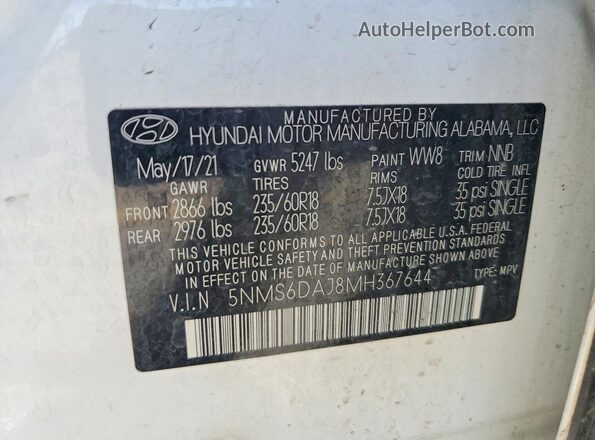 5NMS6DAJ8MH367644 2021 HYUNDAI SANTA White VIN կոդի պիտակի տեսք