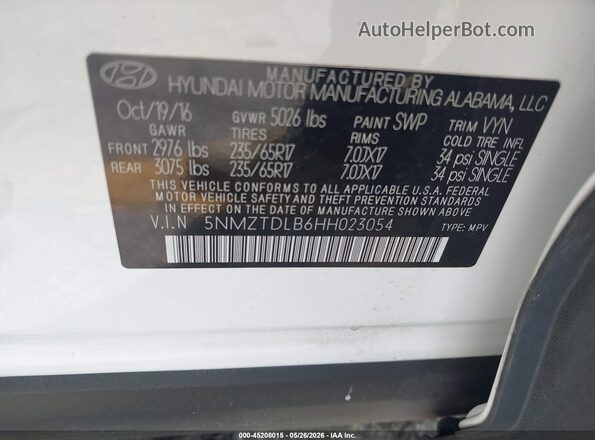 5NMZTDLB6HH023054 2017 HYUNDAI SANTA FE SPORT White Вид підкапотного простору