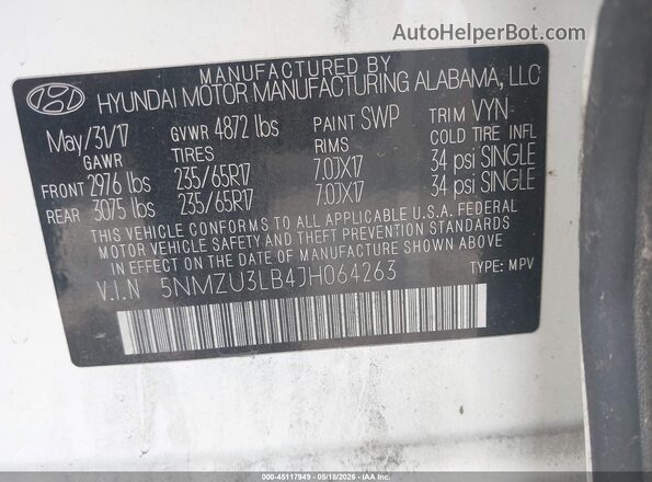 5NMZU3LB4JH064263 2018 HYUNDAI SANTA FE SPORT White Vista del compartimento del motor