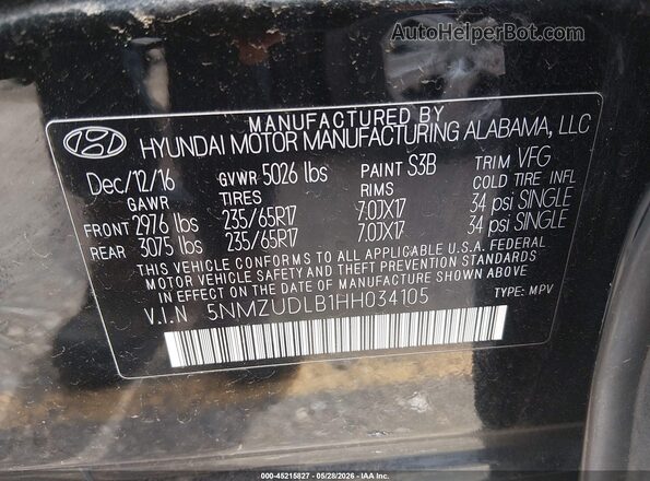 5NMZUDLB1HH034105 2017 HYUNDAI SANTA FE SPORT Черный Вид подкапотного пространства