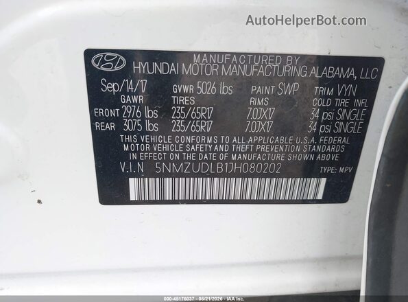 5NMZUDLB1JH080202 2018 HYUNDAI SANTA FE SPORT White Շարժիչի բաժամունքի տեսք