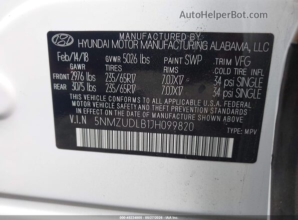 5NMZUDLB1JH099820 2018 HYUNDAI SANTA FE SPORT White Շարժիչի բաժամունքի տեսք