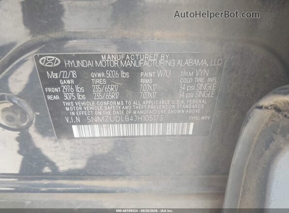 5NMZUDLB4JH105173 2018 HYUNDAI SANTA FE SPORT Blue Vista del compartimento del motor
