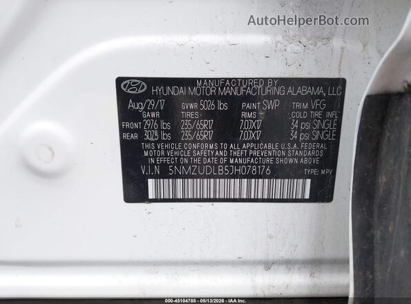 5NMZUDLB5JH078176 2018 HYUNDAI SANTA FE SPORT White Вид підкапотного простору