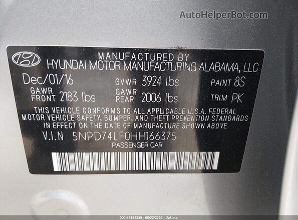 5NPD74LF0HH166375 2017 HYUNDAI ELANTRA Silver ძრავის განყოფილების ხედი