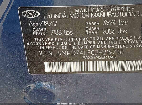 5NPD74LF0JH219730 2018 HYUNDAI ELANTRA Blue Շարժիչի բաժամունքի տեսք